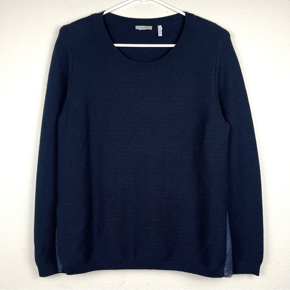 Marella XL Womens Navy Blue Ribbed Lace Back Hem Pullover Sweater
